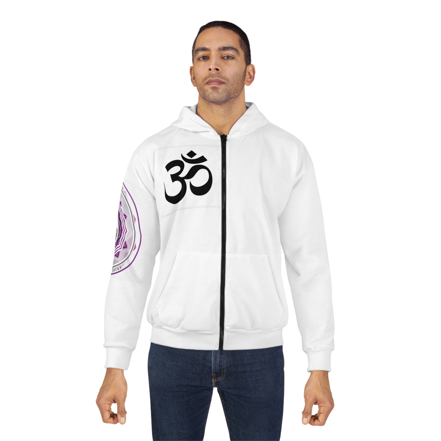 Spiritual Unisex Zip Hoodie with AOP Design, Yoga Apparel, Meditation Gift, Cozy Layer, Om Symbol, Lotus Art
