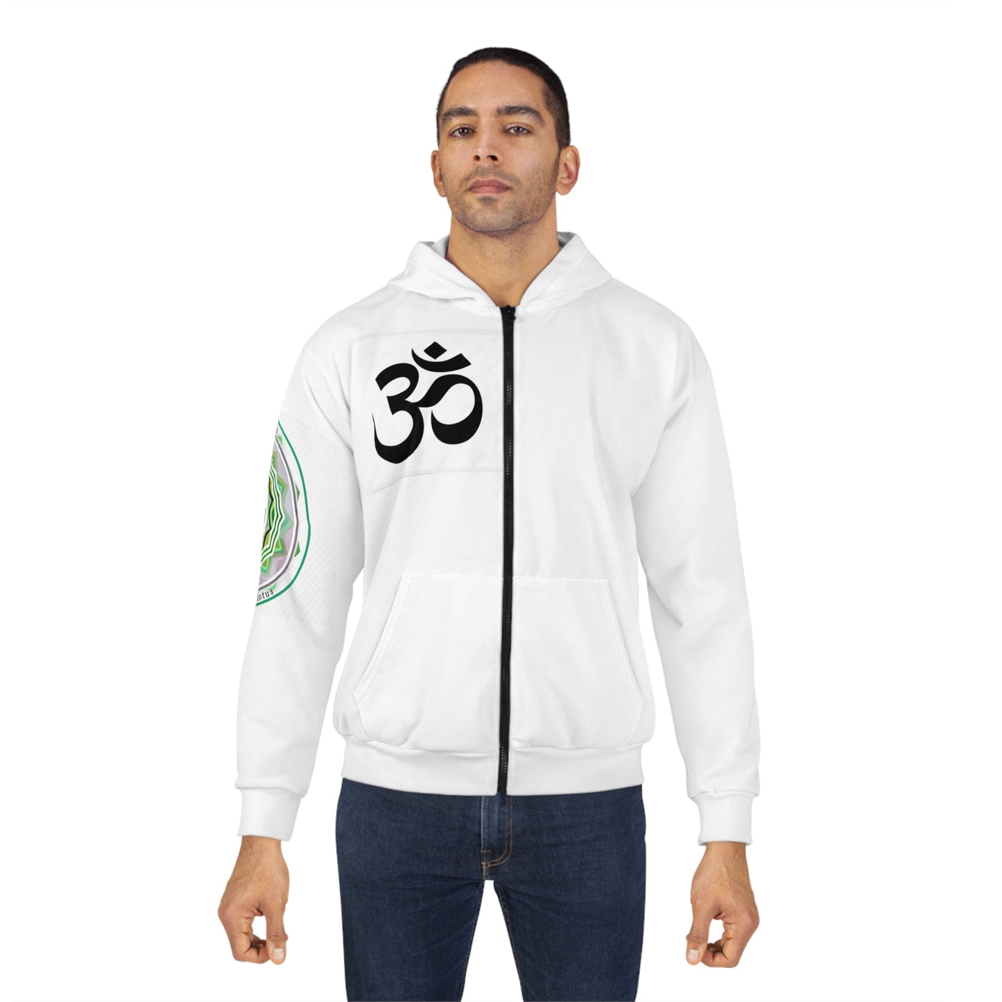 Spiritual Unisex Zip Hoodie with AOP Design, Yoga Apparel, Meditation Gift, Cozy Layer, Om Symbol, Lotus Art