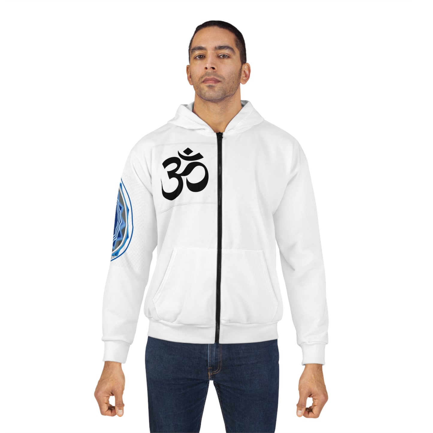 Spiritual Unisex Zip Hoodie with AOP Design, Yoga Apparel, Meditation Gift, Cozy Layer, Om Symbol, Lotus Art