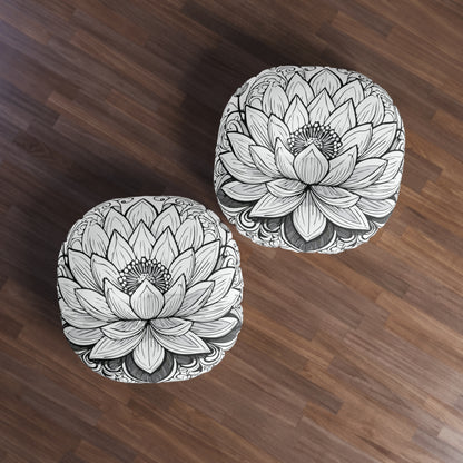 Round Tufted Floor Pillow with Lotus Design - Boho Home Decor, Meditation Cushion, Yoga Pillow, Floor Cushion, Relaxation Seating