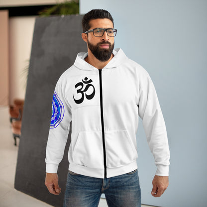 Spiritual Unisex Zip Hoodie with AOP Design, Yoga Apparel, Meditation Gift, Cozy Layer, Om Symbol, Lotus Art