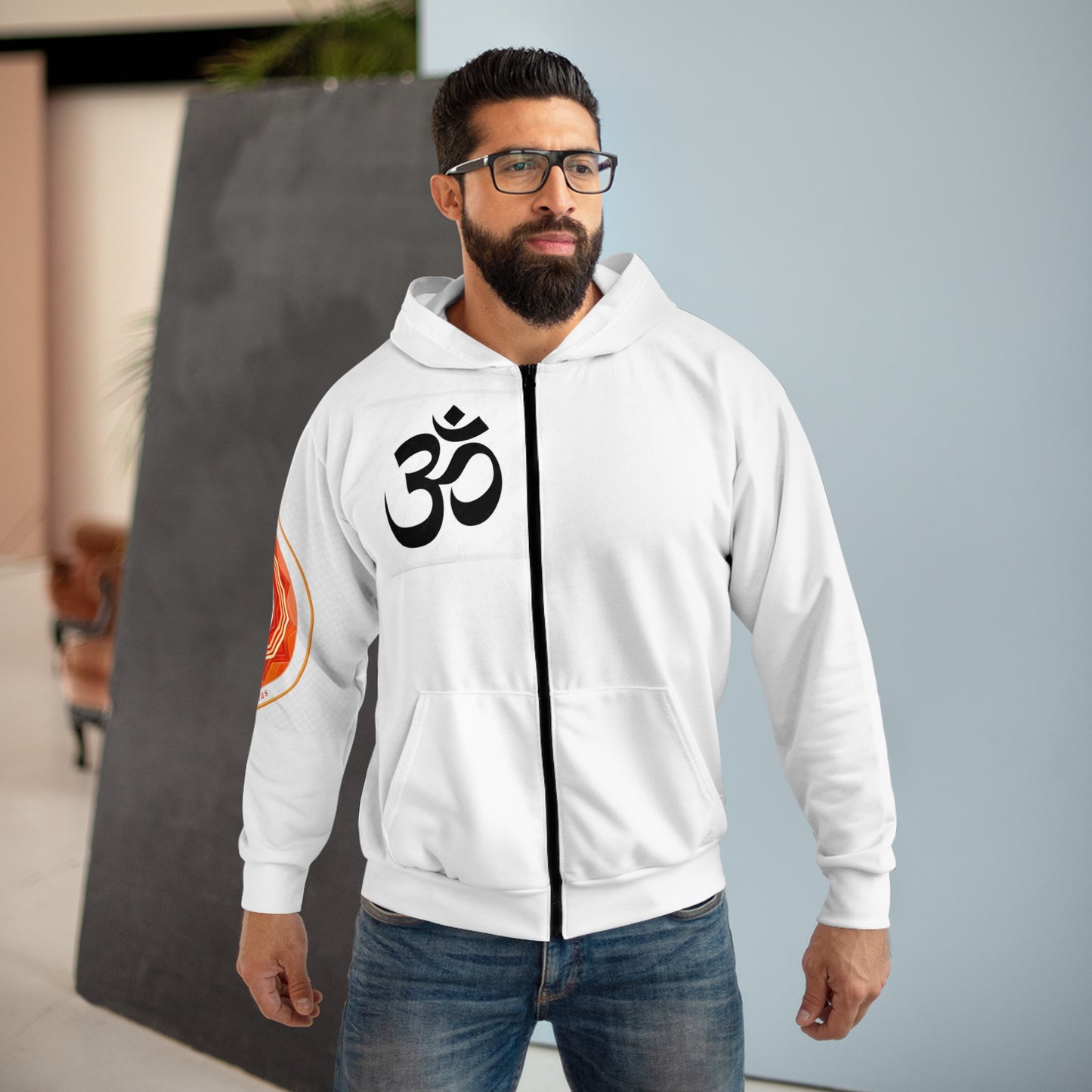Spiritual Unisex Zip Hoodie with AOP Design, Yoga Apparel, Meditation Gift, Cozy Layer, Om Symbol, Lotus Art