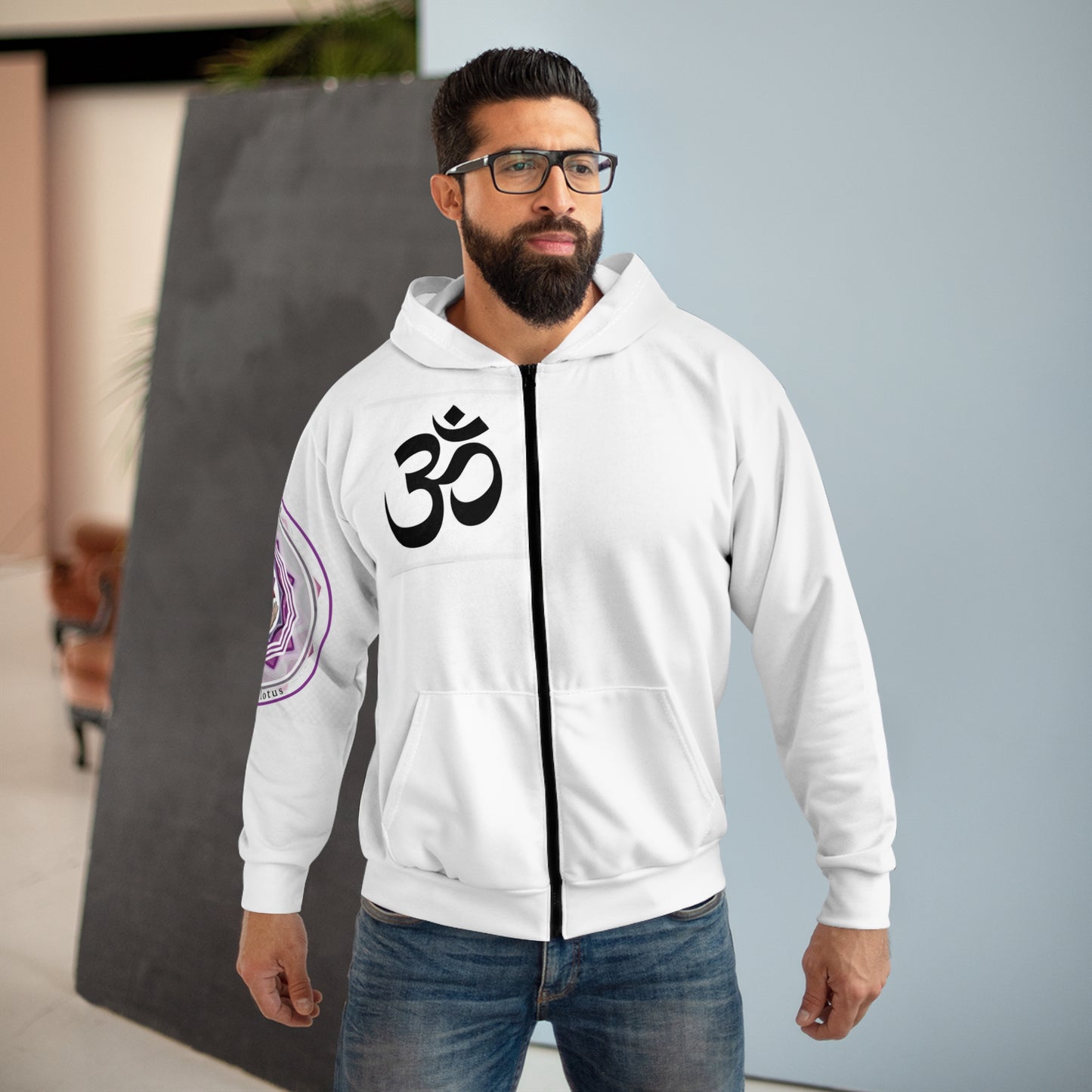 Spiritual Unisex Zip Hoodie with AOP Design, Yoga Apparel, Meditation Gift, Cozy Layer, Om Symbol, Lotus Art