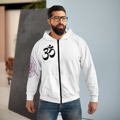 Spiritual Unisex Zip Hoodie with AOP Design, Yoga Apparel, Meditation Gift, Cozy Layer, Om Symbol, Lotus Art