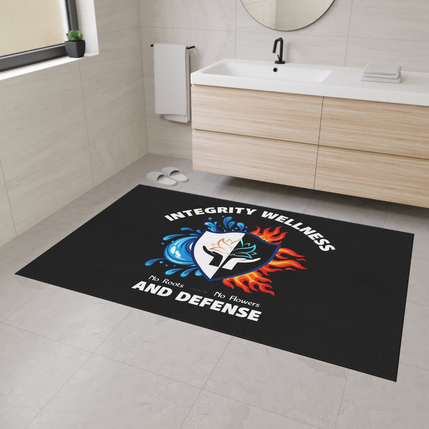 Integrity Wellness Floor Mat — "No Roots No Flowers" Shield Design