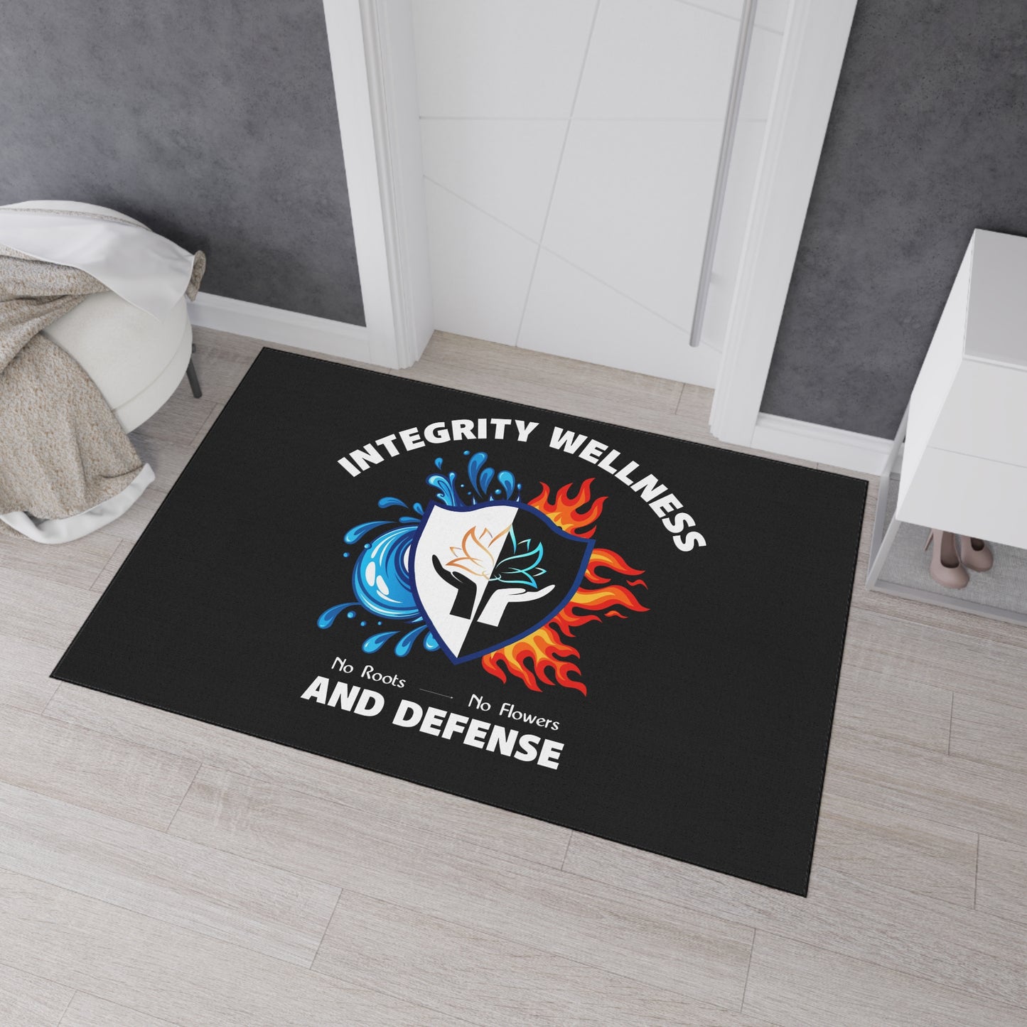 Integrity Wellness Floor Mat — "No Roots No Flowers" Shield Design