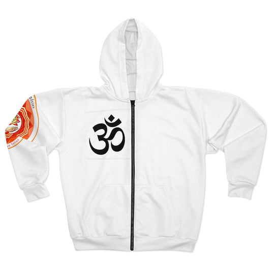 Spiritual Unisex Zip Hoodie with AOP Design, Yoga Apparel, Meditation Gift, Cozy Layer, Om Symbol, Lotus Art