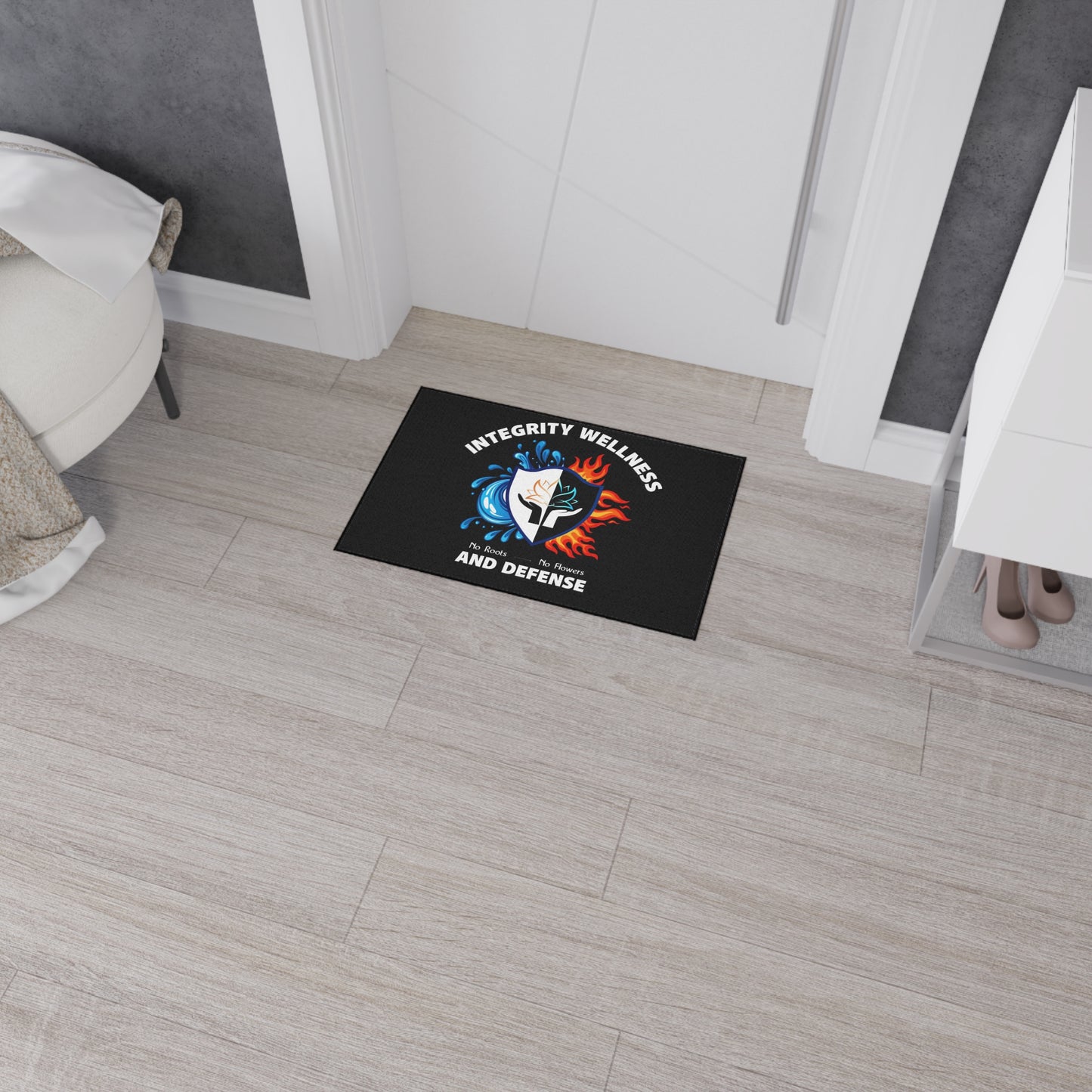 Integrity Wellness Floor Mat — "No Roots No Flowers" Shield Design