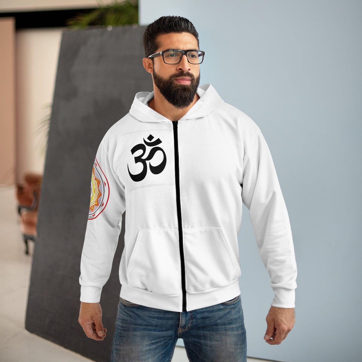Spiritual Unisex Zip Hoodie with AOP Design, Yoga Apparel, Meditation Gift, Cozy Layer, Om Symbol, Lotus Art