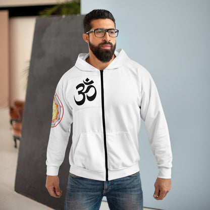 Spiritual Unisex Zip Hoodie with AOP Design, Yoga Apparel, Meditation Gift, Cozy Layer, Om Symbol, Lotus Art