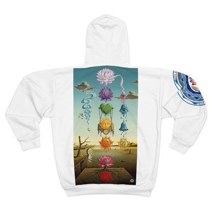 Spiritual Unisex Zip Hoodie with AOP Design, Yoga Apparel, Meditation Gift, Cozy Layer, Om Symbol, Lotus Art