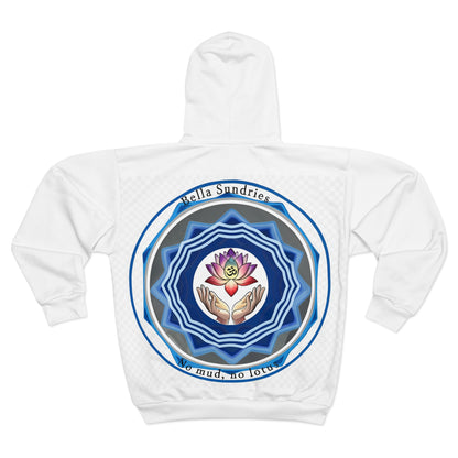 Spiritual Unisex Zip Hoodie with AOP Design, Yoga Apparel, Meditation Gift, Cozy Layer, Om Symbol, Lotus Art