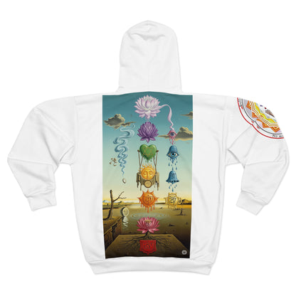 Spiritual Unisex Zip Hoodie with AOP Design, Yoga Apparel, Meditation Gift, Cozy Layer, Om Symbol, Lotus Art