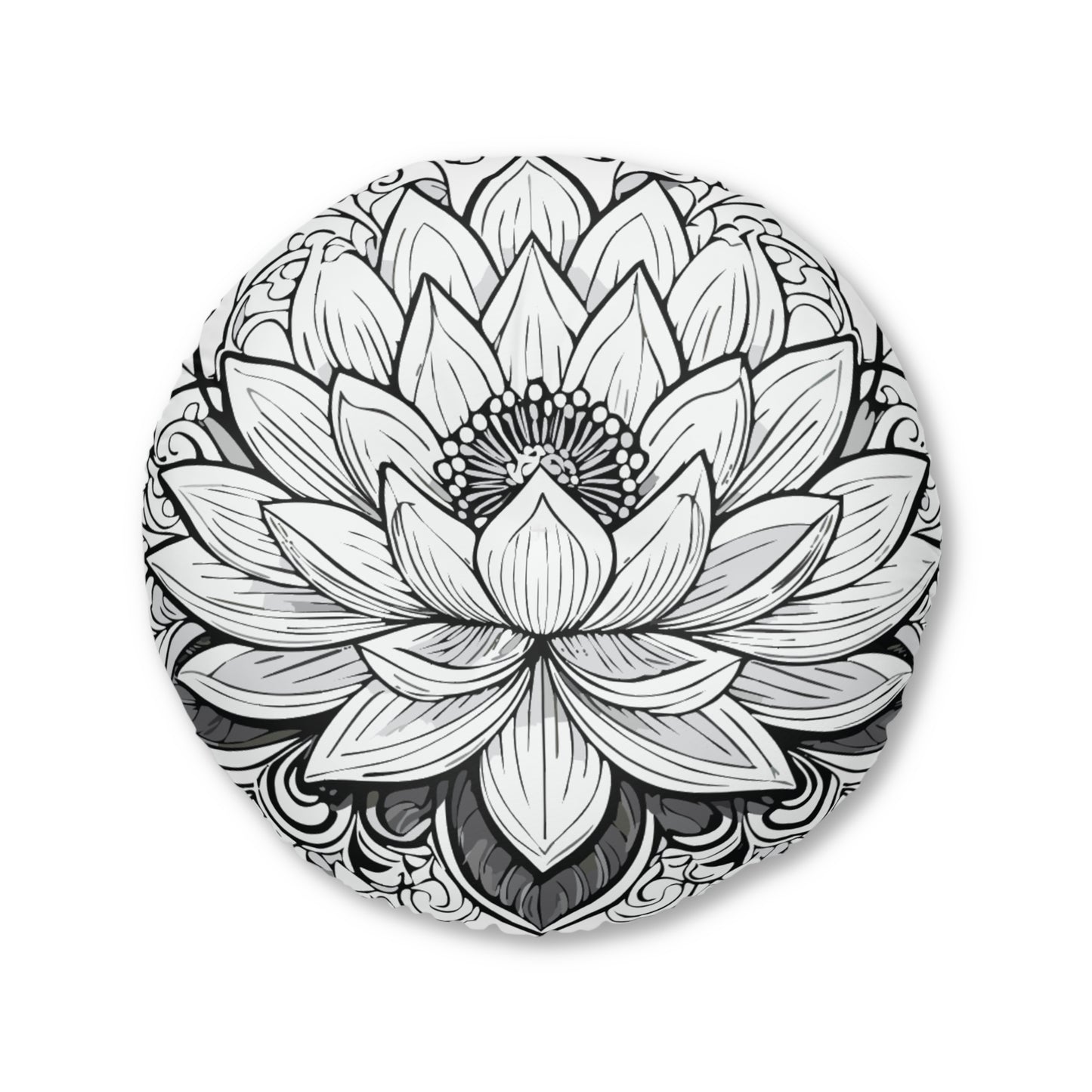 Round Tufted Floor Pillow with Lotus Design - Boho Home Decor, Meditation Cushion, Yoga Pillow, Floor Cushion, Relaxation Seating