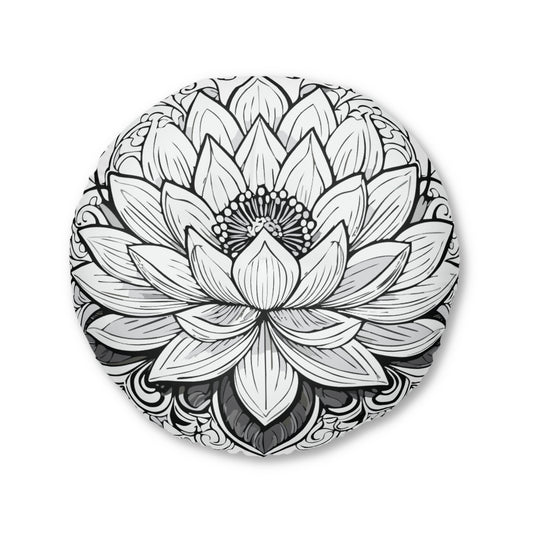 Round Tufted Floor Pillow with Lotus Design - Boho Home Decor, Meditation Cushion, Yoga Pillow, Floor Cushion, Relaxation Seating