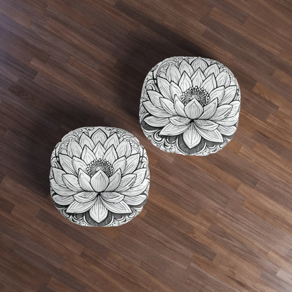 Round Tufted Floor Pillow with Lotus Design - Boho Home Decor, Meditation Cushion, Yoga Pillow, Floor Cushion, Relaxation Seating