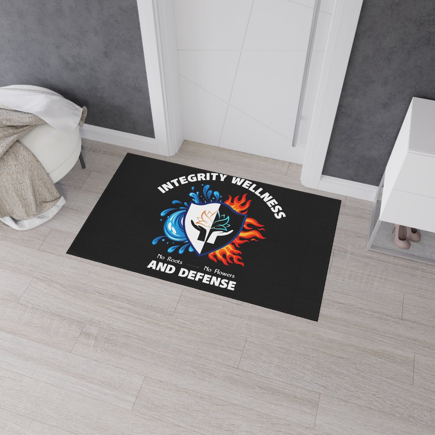 Integrity Wellness Floor Mat — "No Roots No Flowers" Shield Design
