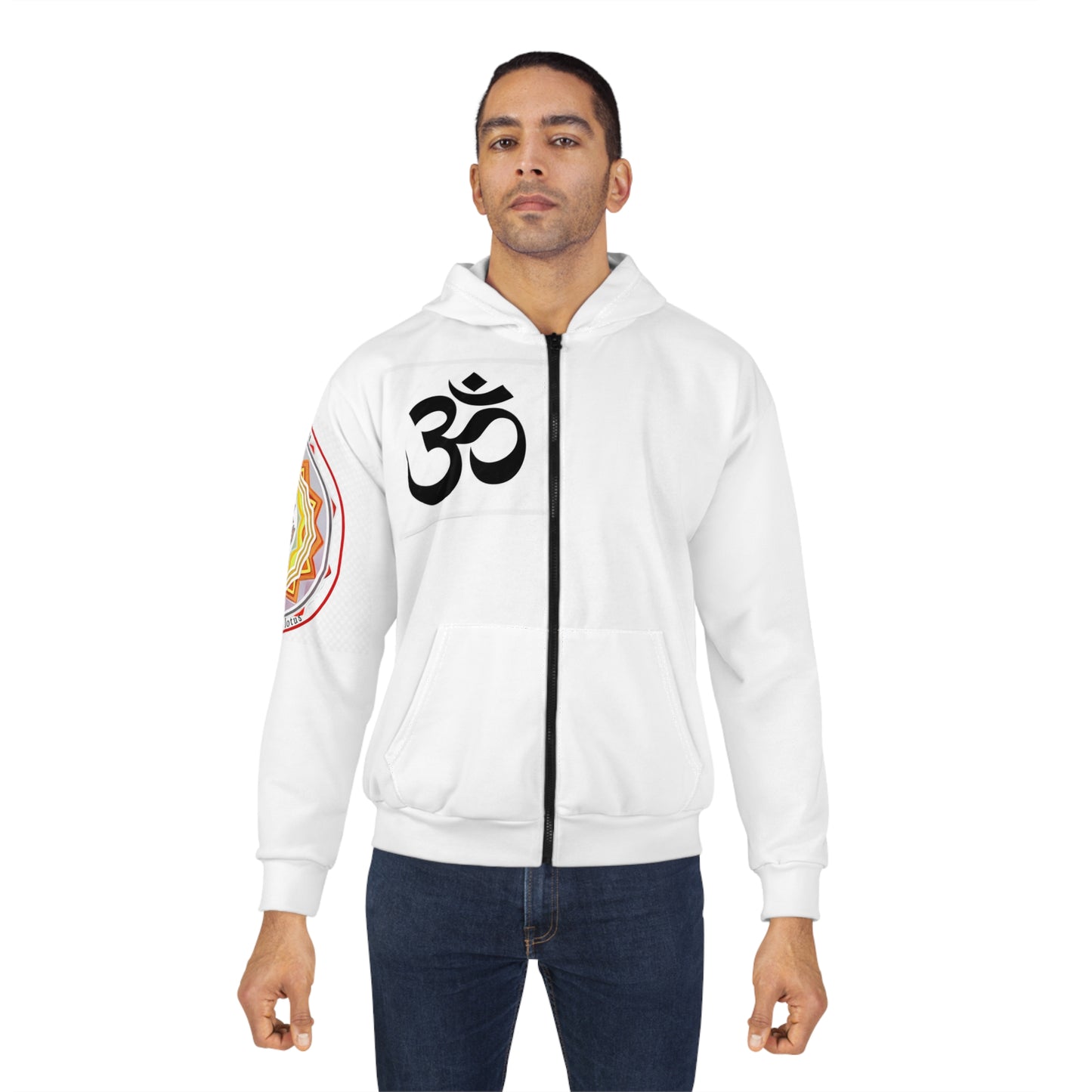 Spiritual Unisex Zip Hoodie with AOP Design, Yoga Apparel, Meditation Gift, Cozy Layer, Om Symbol, Lotus Art