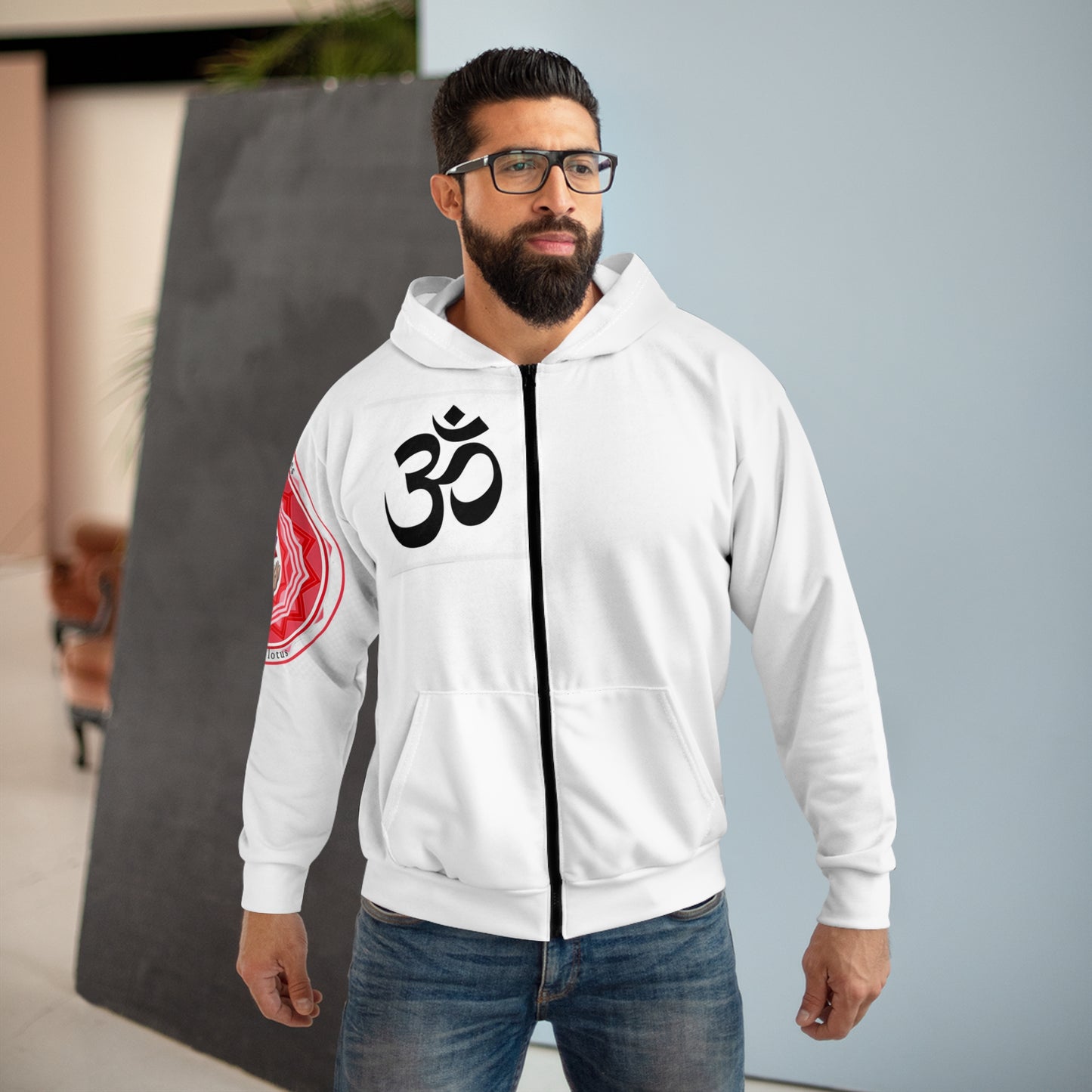 Spiritual Unisex Zip Hoodie with AOP Design, Yoga Apparel, Meditation Gift, Cozy Layer, Om Symbol, Lotus Art