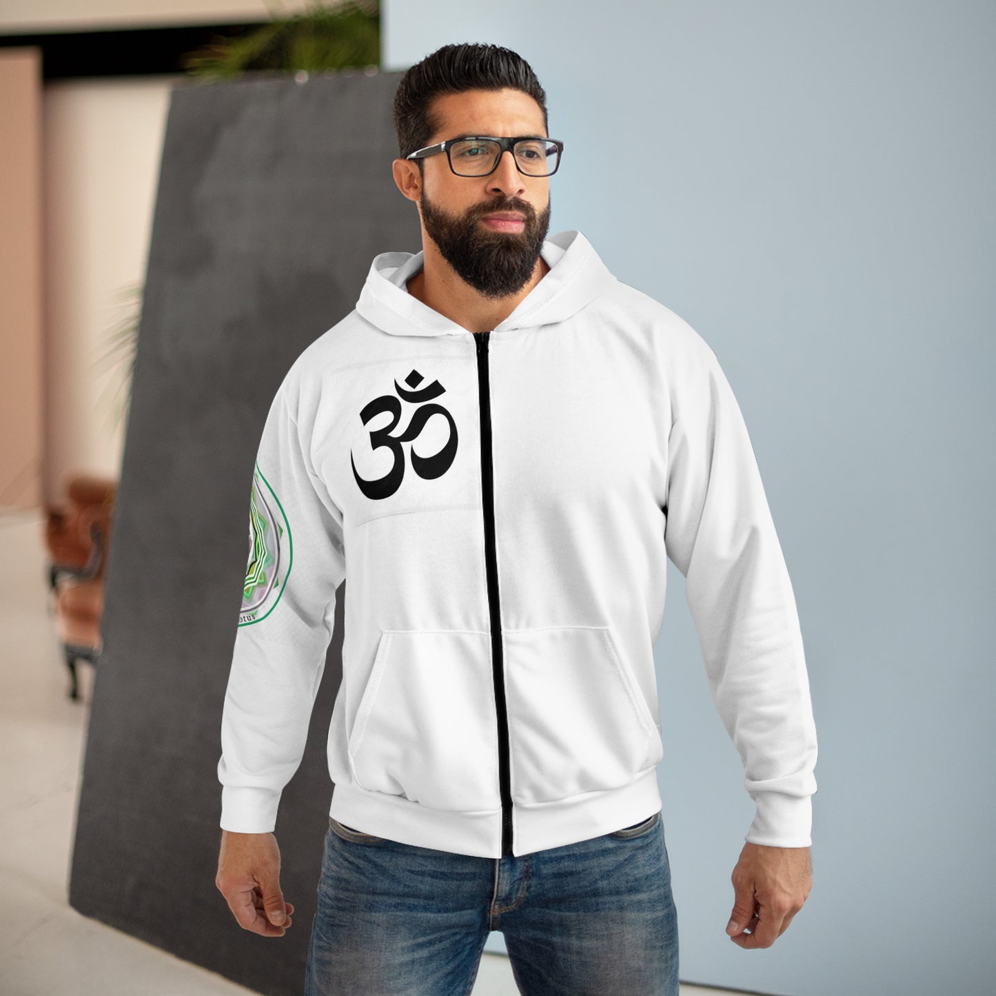 Spiritual Unisex Zip Hoodie with AOP Design, Yoga Apparel, Meditation Gift, Cozy Layer, Om Symbol, Lotus Art