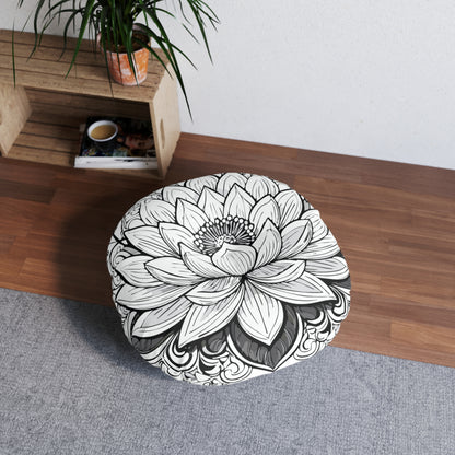 Round Tufted Floor Pillow with Lotus Design - Boho Home Decor, Meditation Cushion, Yoga Pillow, Floor Cushion, Relaxation Seating
