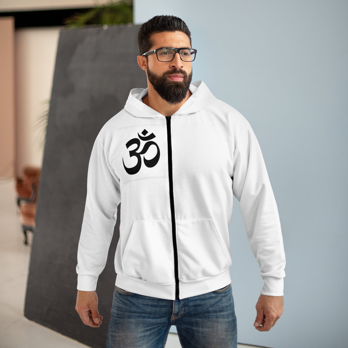Spiritual Unisex Zip Hoodie with AOP Design, Yoga Apparel, Meditation Gift, Cozy Layer, Om Symbol, Lotus Art