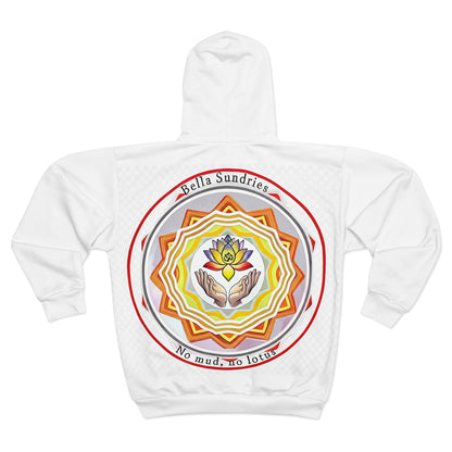 Spiritual Unisex Zip Hoodie with AOP Design, Yoga Apparel, Meditation Gift, Cozy Layer, Om Symbol, Lotus Art