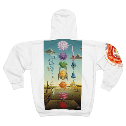 Spiritual Unisex Zip Hoodie with AOP Design, Yoga Apparel, Meditation Gift, Cozy Layer, Om Symbol, Lotus Art