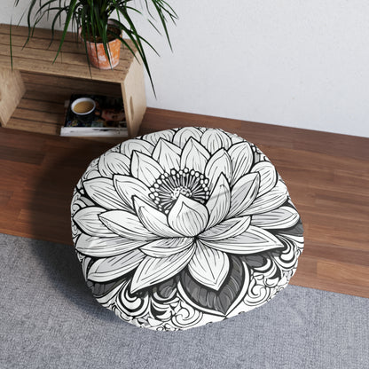 Round Tufted Floor Pillow with Lotus Design - Boho Home Decor, Meditation Cushion, Yoga Pillow, Floor Cushion, Relaxation Seating
