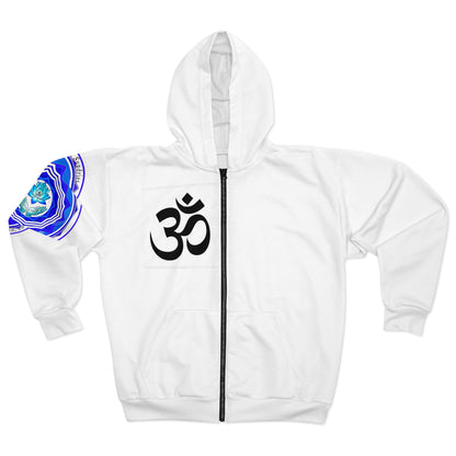 Spiritual Unisex Zip Hoodie with AOP Design, Yoga Apparel, Meditation Gift, Cozy Layer, Om Symbol, Lotus Art