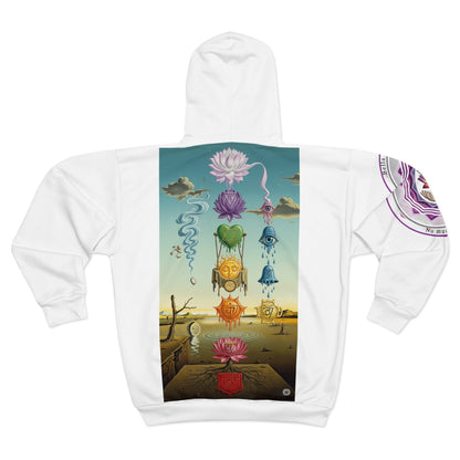 Spiritual Unisex Zip Hoodie with AOP Design, Yoga Apparel, Meditation Gift, Cozy Layer, Om Symbol, Lotus Art