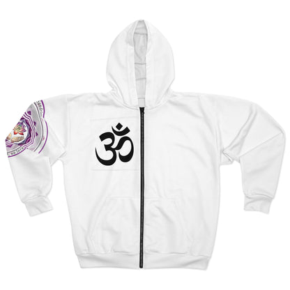 Spiritual Unisex Zip Hoodie with AOP Design, Yoga Apparel, Meditation Gift, Cozy Layer, Om Symbol, Lotus Art