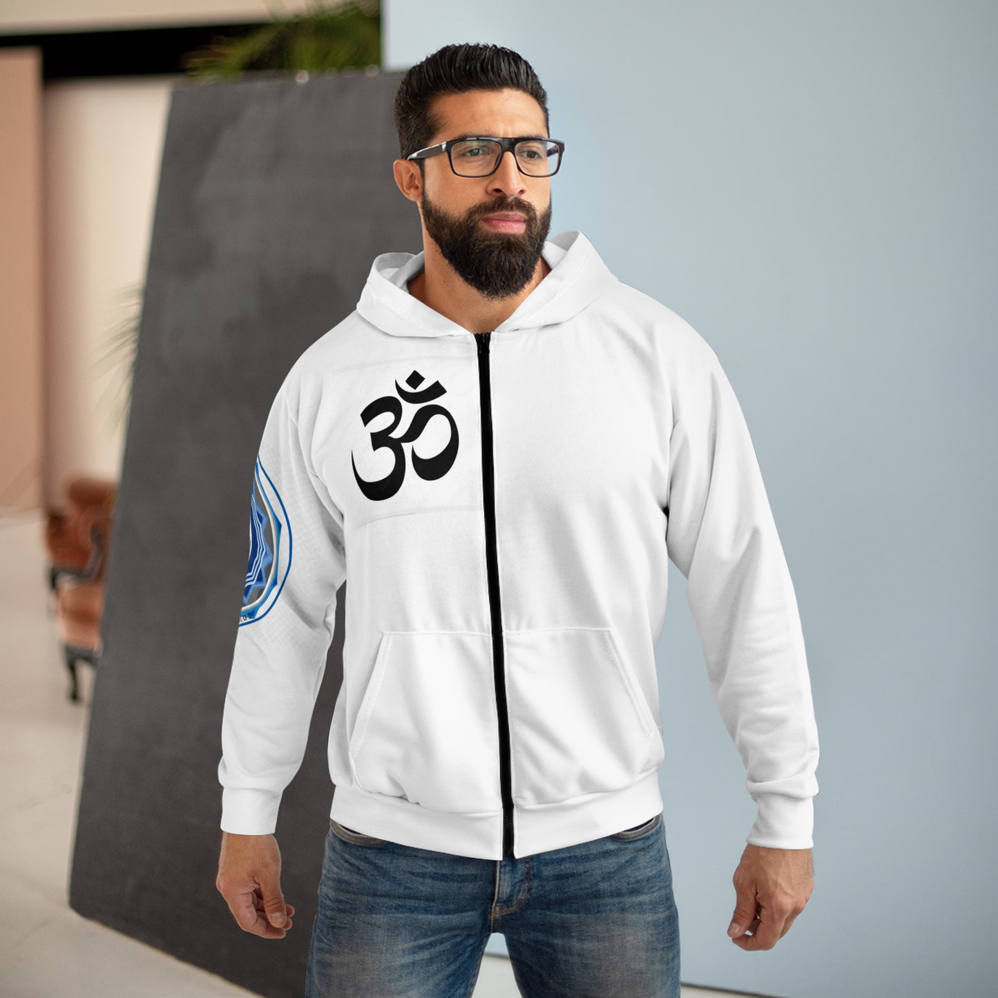 Spiritual Unisex Zip Hoodie with AOP Design, Yoga Apparel, Meditation Gift, Cozy Layer, Om Symbol, Lotus Art