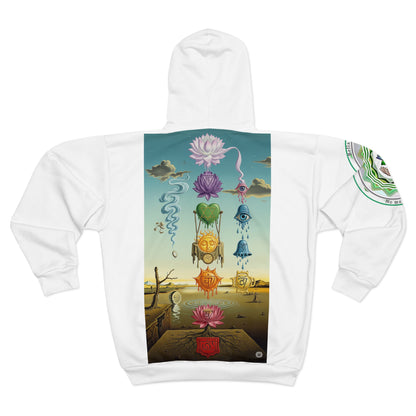 Spiritual Unisex Zip Hoodie with AOP Design, Yoga Apparel, Meditation Gift, Cozy Layer, Om Symbol, Lotus Art