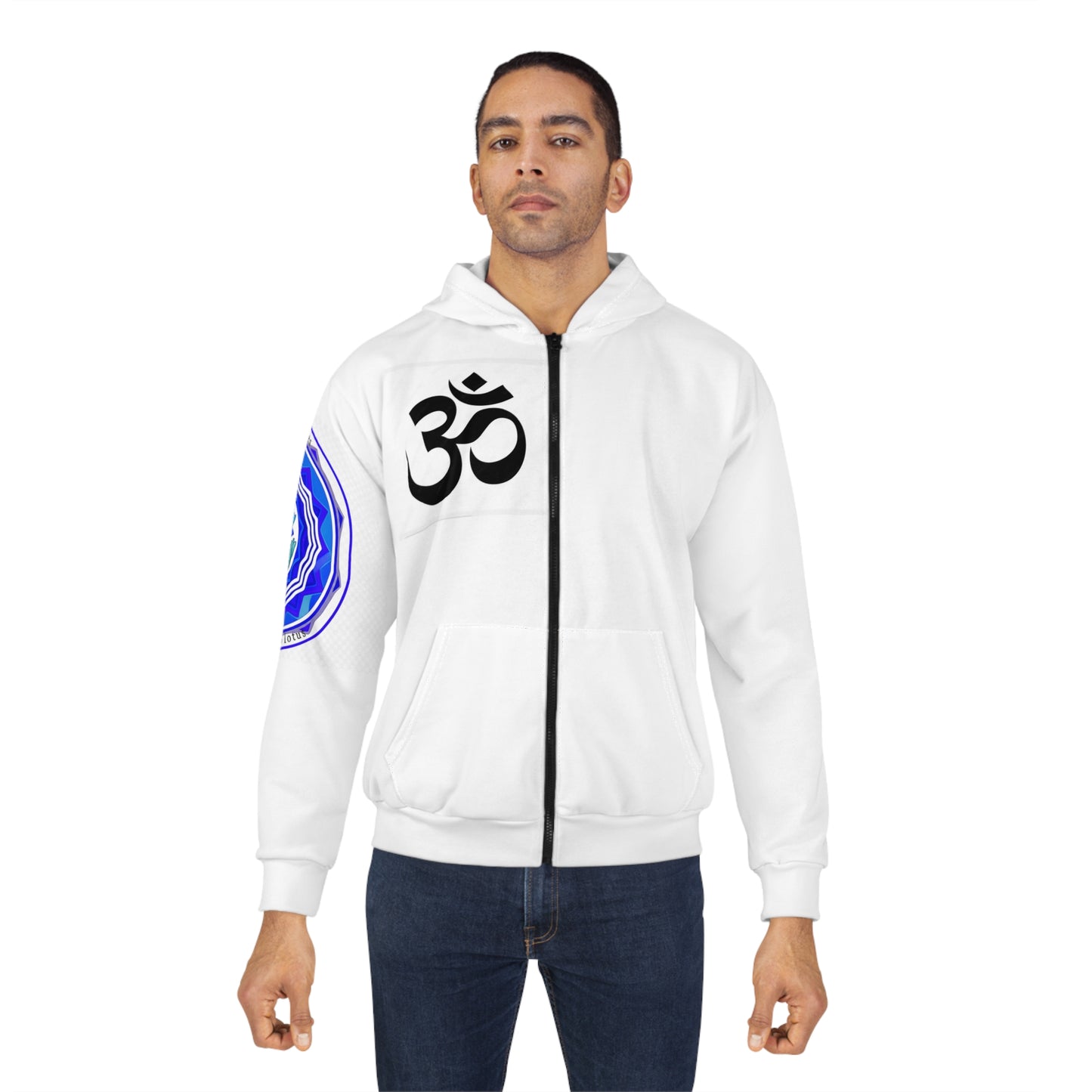 Spiritual Unisex Zip Hoodie with AOP Design, Yoga Apparel, Meditation Gift, Cozy Layer, Om Symbol, Lotus Art